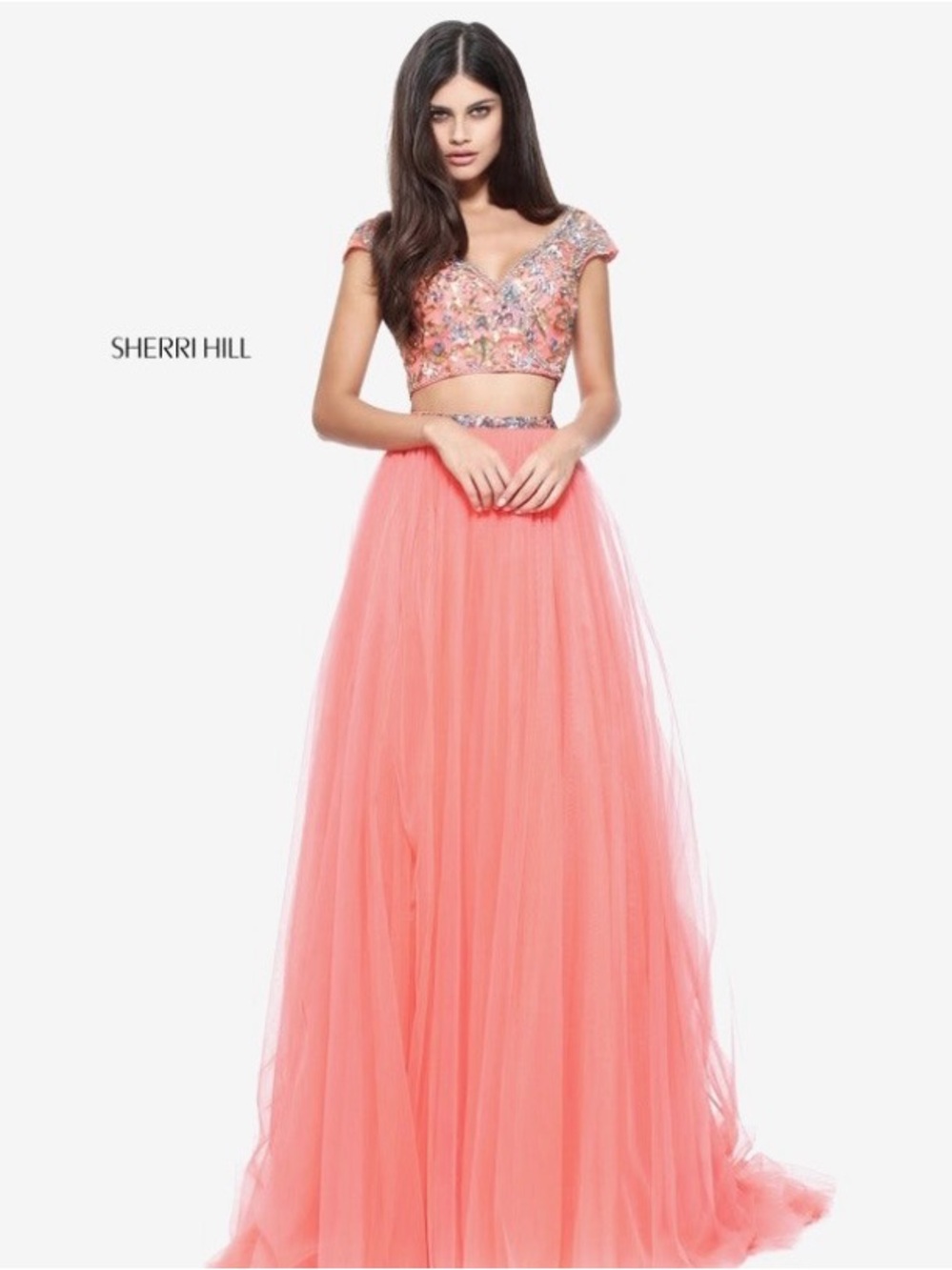 Sherri Hill Sz 6 Pink Embellished 2 pc Tulle Dress with Beaded Bodice